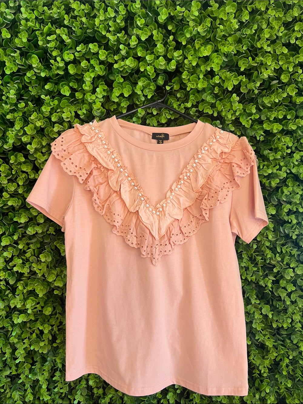 Pearl Trim Ruffle Short Sleeve Tee in Blush by ampersand